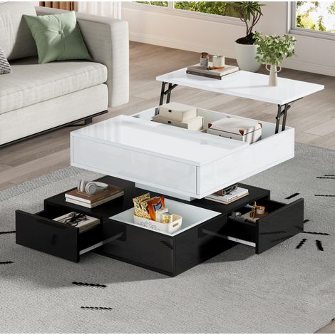 Mesa baja elevable 108x108x55 cm con almacenamiento oculto y estante, cubierta pivotante 360°, 3 cajones, blanco y negro (1/5)