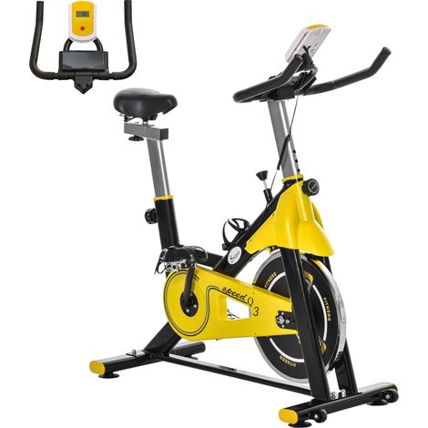 Vélo d'appartement Fitness avec écran LCD multifonctions selle et guidon réglables acier noir et jaune