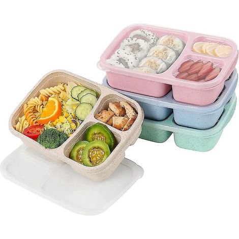 Set mit 4 Bento-Lunchboxen, 3-Fächer-Behälter zur Zubereitung von Mahlzeiten, Kinder-Lunchbox, wiederverwendbare Lebensmittelaufbewahrung. (1/5)