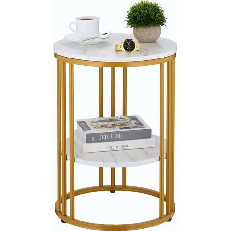 Relaxdays Beistelltisch Marmoroptik, 2 Ablagen, für Wohnzimmer, Metall & MDF, Sofatisch rund, HxD 56x40 cm, weiß/gold
