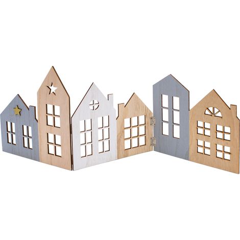 XL Deko Häuserzeile aus Holz natur - 67 x 25 cm - Weihnachts Dorf Silhouette klappbar - Weihnachtsdeko Tischdeko für Weihnachten Weihnachtsstadt Skyline