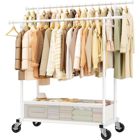 Klyvvo Portant Vetement Solide à Roulettes avec Panier à Linge Belle texture - 110KG Double Portant Vêtements Roulettes pour Vêtements - Pulls - Manteaux - Manteaux d'hiver - Porte-vêtements - Solutio