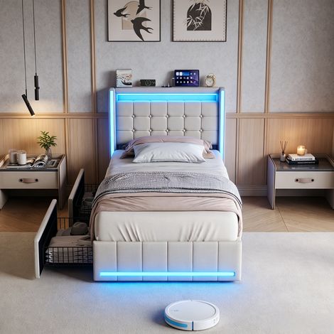 JOOKGBD-Lit simple 90x200cm avec éclairage LED RGB,tête de lit capitonnée avec ports USB/Type-C,2 tiroirs de rangement coulissants,tissu lin,pour adolescent et adulte,beige (1/5)