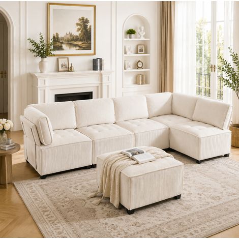 Sofá modular de 6 plazas de pana beige 308 x 154 x 82 cm OKWISH (1/5)