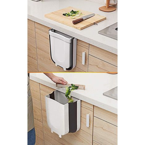 Petite poubelle de cuisine pliable blanche de 9 L avec porte de placard (1/3)