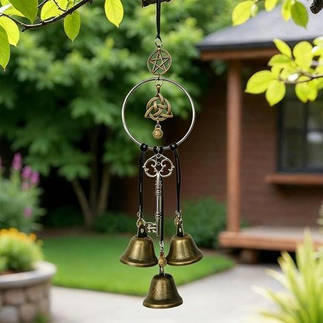 Windspiel Hexenglocken Garten Deko Set Bronzetöne mit Schlüssel und Perlen