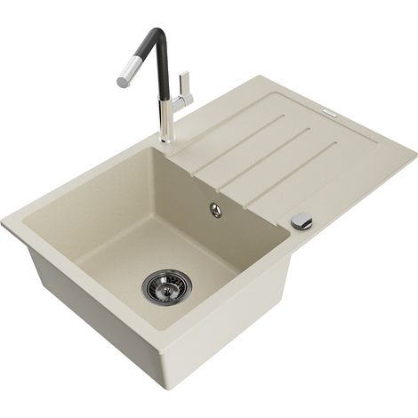 Mexen Bruno 1 Becken-Granitspüle mit Abtropffläche und Mischbatterie Flora, Beige - 6513-69-670401-0