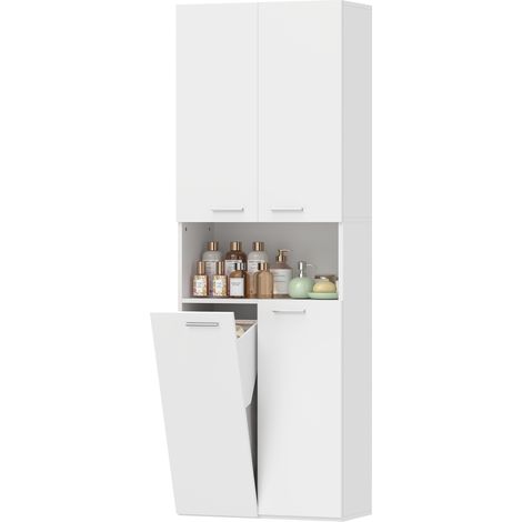 HOMCOM Mobile Bagno Alto con Ribalta Cesto Portabiancheria, Bianco