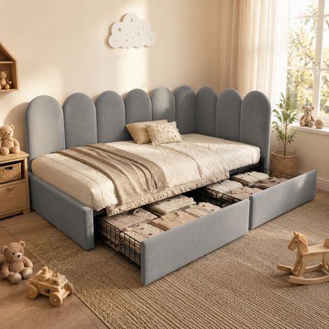 Cama individual tapizada con 2 cajones 90x190 cm en terciopelo gris con somier de lamas OKWISH (1/5)