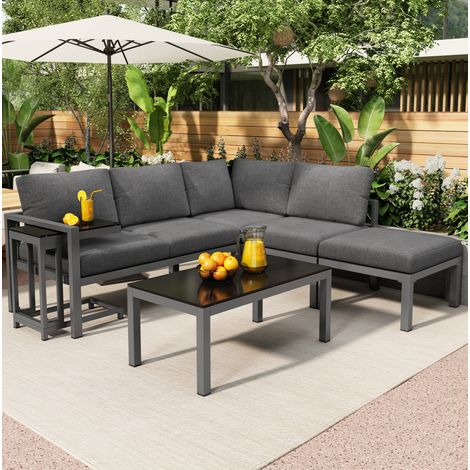 5-teiliges Garten-Loungeset aus verzinktem Eisen in Grau mit 2 Loveseats, 1 Sessel, Couchtisch, Beistelltisch und Kissen (1/5)