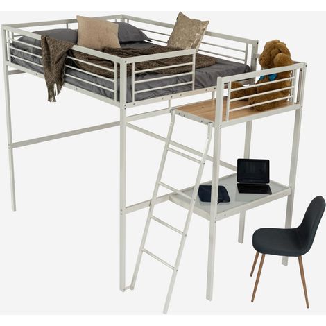 Meuble Cosy Cadres de Lit avec Bureau et Sommier à Lattes, pour Matelas 140x190cm, Verre et métal, Style Industriel, Blanc (1/5)