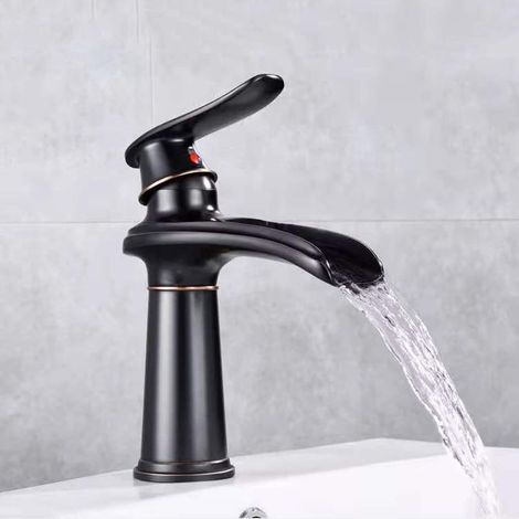 Robinet de lavabo de salle de bain cascade antique, laiton massif, robinet mélangeur d'évier chaud et froid, robinet de lavabo de salle de bain à poignée unique, robinet de lavabo, style court (1/3)