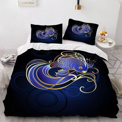 Housse de Couette 140x200 Enfant Beau Poisson Parure de Lit 1 Personne Microfibre Housse de Couette Le Noir 3D Imprimé Literie Set 3 Pièces avec Fermeture Éclair - 140x200+2x50x75 (1/5)