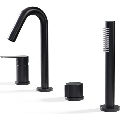 Robinet Baignoire 4 Trous, Mitigeur Baignoire 4 Trous avec Rotatif 360°, Robinetterie de Baignoire avec Douchette, Noir, 20Y3OK (1/5)