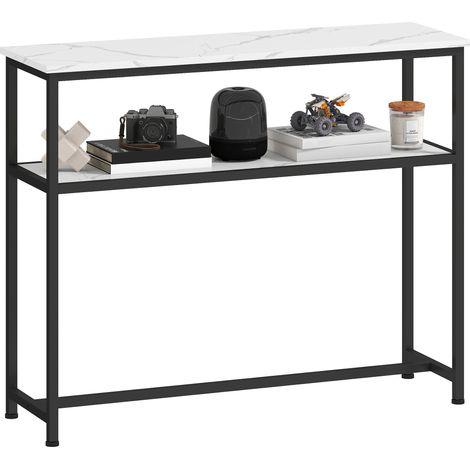 Mobiletto a consolle stretto con ripiano a giorno effetto marmo e struttura in metallo, 100x30x81 cm, bianco.