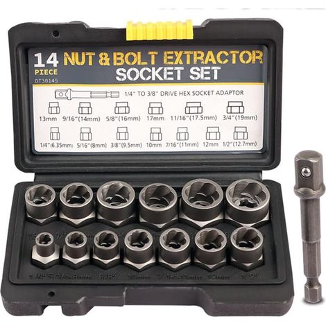 3/8-Zoll-Antriebs-Schlagbolzenmuttern-Ausdreher-Satz, 13-teiliges Radmuttern-Entferner-Set, 1/4-Zoll-3/4-Zoll-Drehsteckschlüssel-Werkzeugsatz mit einem 1/4-Zoll-Sechskantantrieb auf 3/8-Zoll-Stecknuss