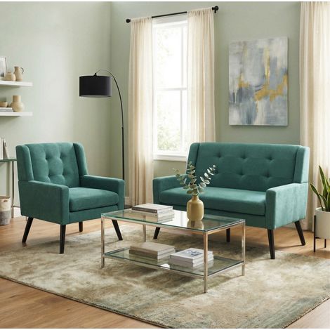 Ensemble de 2 fauteuils vert rétro en tissu rembourré avec mousse haute densité et pieds en bois massif (1/5)