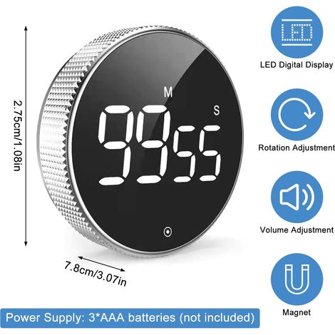 Minuteur de Cuisine Aimanté, Minuterie Numérique avec Grand Écran LED, Minuteur Cuisine avec 3 Niveaux de Volume, Pomodoro Timer pour la Cuisine, la Pâtisserie, Le Sport, Les Études (1/4)