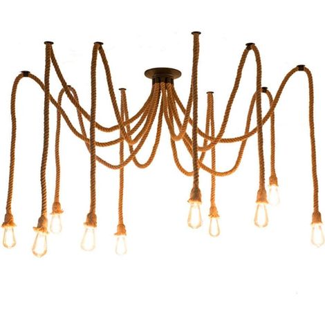 10 Luces Retro Lámpara de Suspensión de Araña con Cuerda de Heno, E27 DIY con 2m Longitud Ajustable para Dormitorio, Restaurant,Bar (Sin Bombilla) (1/5)