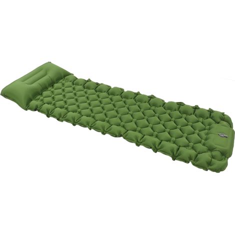 Matelas de camping gonflable léger et portable avec pompe, avec oreiller intégré et pieds incurvés, couleur vert olive. Idéal pour le camping.
