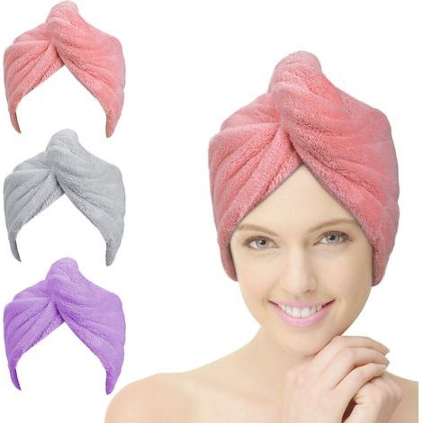 Set mit 3 Trockentüchern, ultra-saugfähiger Mikrofaser-Turban mit Knopf, schnelltrocknend für Damen (rosa, lila, grau) (1/5)