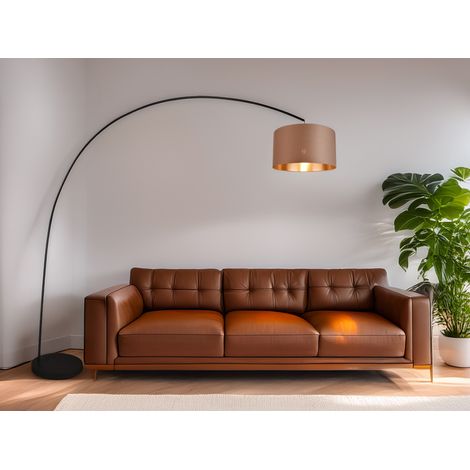 Bogenleuchte MANSUR Metall Schwarz Stoff Lampenschirm Taupe, 210cm hoch (1/5)