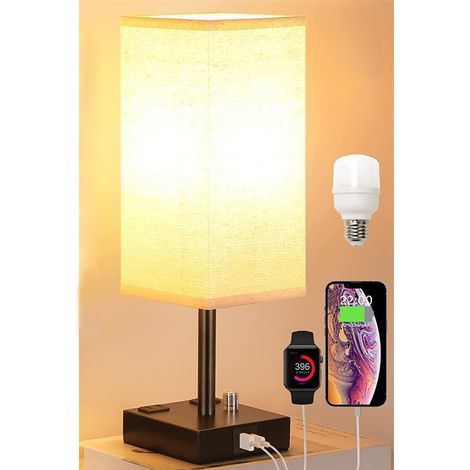 Lampe de chevet tactile avec 2 ports de chargement USB, intensité lumineuse réglable sur 3 niveaux, abat-jour en tissu, pied en fer forgé, lampe de table pour salon, chambre, hôtel (ampoule incluse) [