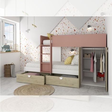 Cameretta con letto a castello con cassettoni e armadio reversibile colore rovere e rosa antico (1/5)