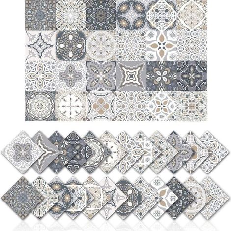 Set of 24 tile stickers 15x15 cm – Waterproof PVC adhesive wall decoration – Geometric vintage cement tiles (1/5)