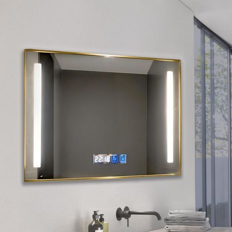 M Ledme - Specchio da bagno con luce 100X70 cm, Specchio Arenas, Funzione antiappannamento, 12W, Dimmerabile, 3 colori di luce, Interruttore touch, IP44, Vetro temperato HD, Orologio integrato (1/5)