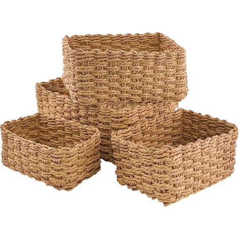 Lot de 4 Paniers en Osier pour Rangement Salle de Bain - Corbeille Écologique en Papier pour Jouets, Cosmétiques, Linges et Accessoires (Kaki clair) (1/5)
