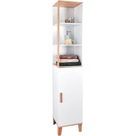 Showerdrape Catania Bamboo/White Tall Bathroom Cabinet with Display Shelves (1/5)