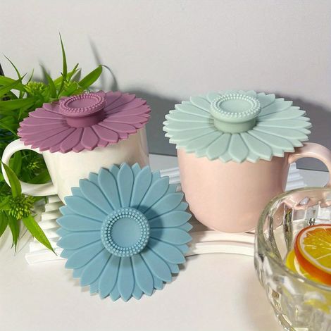 Lot de 3 couvercles en silicone à motif tournesol, ensemble de couvercles multifonctions pour tasses à thé et à café. (1/4)
