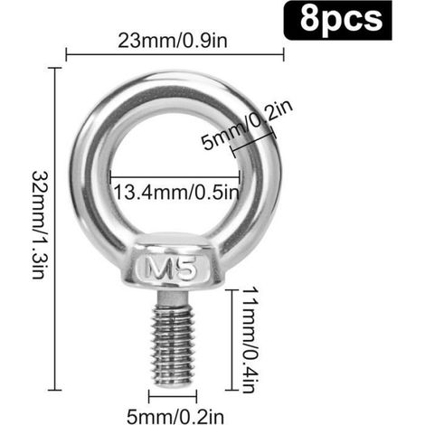 8 Boulons Œil M5 Acier Inox 304, Anneau Levage Suspension Relier Filetage (1/5)