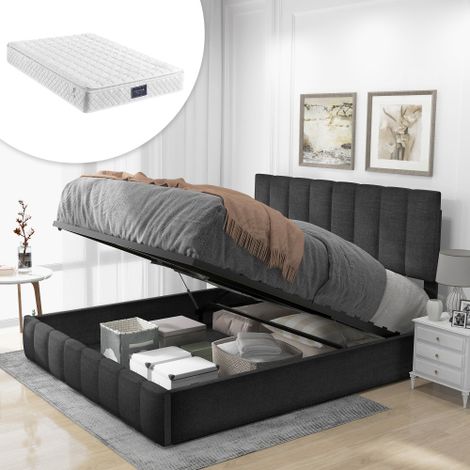 MINKUROW Cama doble tapizada hidráulica 140x200cm, cabecero ajustable, cama de listones de metal, material de lino, marco de cama moderno con espacio de almacenamiento, gran espacio de almacenamiento, (1/5)