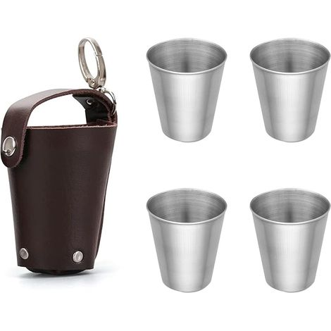 Lot de 4 verres à liqueur en acier inoxydable - 70 ml - Avec étui en cuir - Pour la randonnée, le camping (1/5)