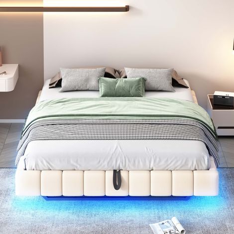 Lit coffre 160x200 cm rembourré avec LED, rangement hydraulique, cadre suspendu, sommier inclus, tissu lin beige (1/5)