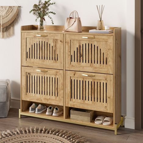 Mobile per scarpe in legno, stile rustico, altezza 100 cm, con 4 porte lamellari verticali, piedini in metallo e mensola superiore, per 20 paia, per ingresso, corridoio o vestibolo