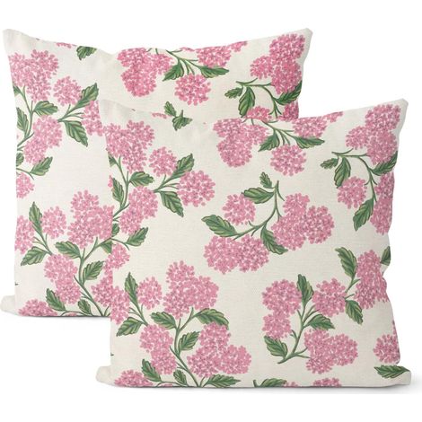 Taie d'oreiller rose printanière style universitaire, 45,72 x 45,72 cm, lot de 2. Coussin décoratif orné d'hortensias verts, style floral vintage, idéal pour l'été et l'extérieur, parfait pour un cana (1/5)