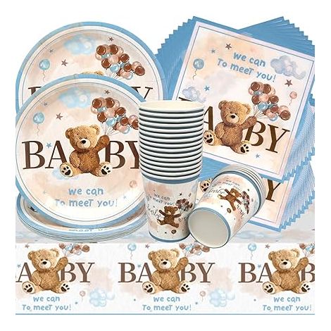 Vaisselle de Fête Ours en Peluche Anniversaire Vaisselle Papier Set Assiettes en Papier Serviettes Tasses pour Fête à Thème Baby Shower Décorations Fête d'anniversaire (1/5)