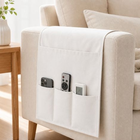 Pochette de Rangement pour Accoudoir de Canapé en Toile Blanc Cassé, 36 x 82 cm, Multi-Compartiments pour Télécommandes et Magazines, sans Outils, Style Japonais (1/5)
