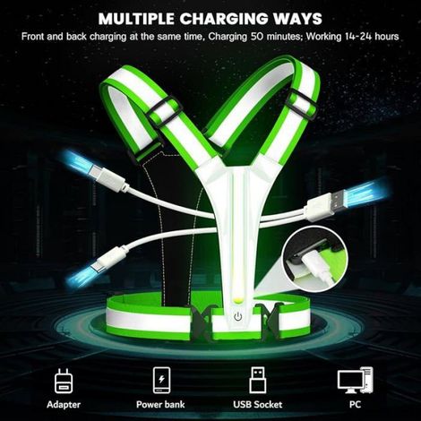 Gilet Réfléchissant LED - - Rechargeable USB - 3 Modes - Imperméable - Vert (1/4)