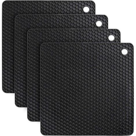 4er-Set quadratische Silikonuntersetzer (18 x 18 cm, 6 mm dick), hitzebeständig bis 240 °C, rutschfest und spülmaschinenfest, Schwarz (1/4)