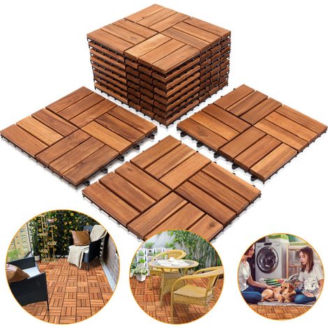 SWANEW 55x Dalles de terrasse en bois d'acacia pour 5m² 30 x 30 cm Jardin extérieur système d’emboîtement et de Drainage (1/4)