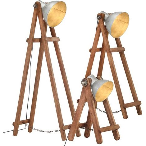 Ensemble de trois lampadaires argentés E27, en bois de manguier massif. (1/5)