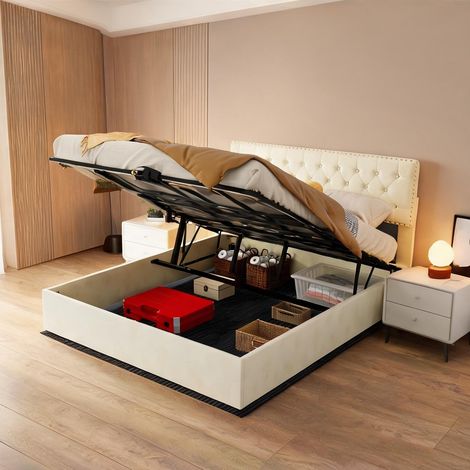 Tête de lit beige en tissu métal 200 x 160 x 133 cm (1/5)