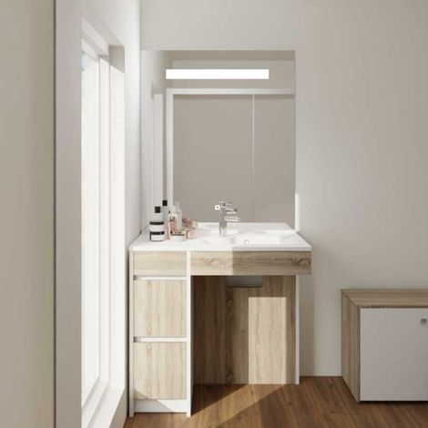 Meuble salle de bain PMR ANDY PLUS 90 cm bois et blanc + miroir Elegance- Vasque à droite (1/4)