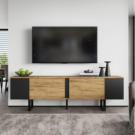 Mueble TV 180x40x55 cm color madera natural y negro en tablero de partículas con 2 puertas y estantes abiertos (1/5)