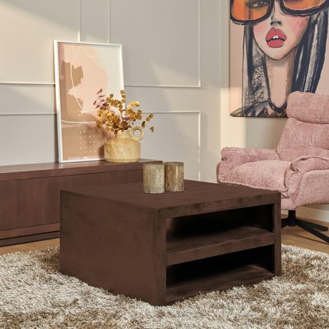 Table basse carrée effet noyer avec rangement MONTARO (1/5)