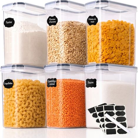 6 × 2.5L Boite de Rangement Cuisine Lot de, Bocaux Hermetiques Alimentaires en Plastique Scellée avec Couvercle, pour Stocker Les Cereales, Pâtes, Farine, Nourriture d'Animaux de Compagnie (1/5)